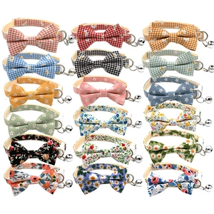 Pet Collar With Bowknot And Bell Floral Gingham Pattern Cotton Polyester Adjustable For Cat Small Dog Neckwear