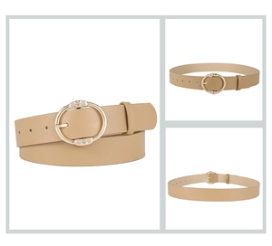 Detail of khaki leather belt with golden oval buckle and butterfly decorative pattern