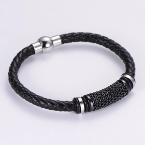 Fashionable black braided leather bracelet with stainless steel chain and magnetic clasp