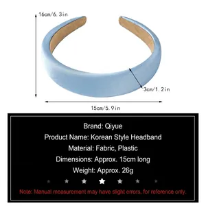 Light blue sponge headband with dimensions 16cm by 15cm and a soft satin finish fabric