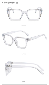Three-view layout of transparent square glasses frame C6 showing front and side angles