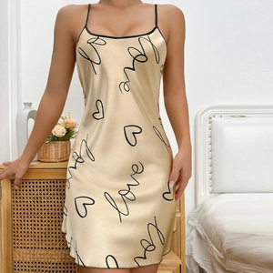 Champagne gold satin nightdress with Love print and heart pattern for women