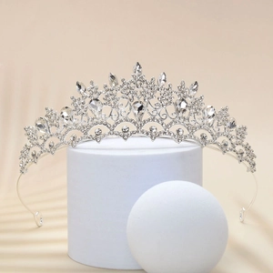 Detail of silver bridal tiara with sparkling teardrop and marquise cut rhinestones