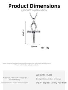 Macro view of Ankh cross pendant with Eye of Horus detail in silver-tone finish