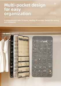Detail of 40 clear PVC pockets on jewelry hanging organizer inside a wooden wardrobe