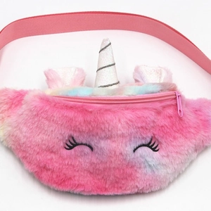 Pink plush unicorn waist bag for girls featuring a glittery horn and embroidery detail
