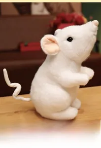 Detailed view of realistic white mouse plush toy with soft fur and pink ears