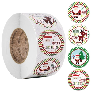 Christmas Stickers Roll Round Adhesive Labels For Gift Decoration Holiday Cartoon Santa Reindeer Patterns For Packaging