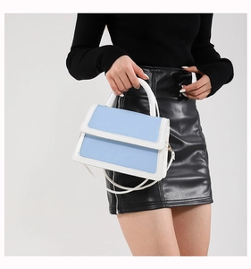 Detail view of light blue and white color-block mini leather bag held by a model