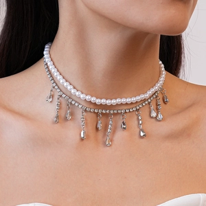 Double-layered necklace featuring white pearls and silver waterdrop zircon pendants