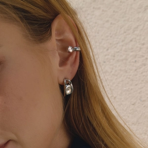 Elegant silver stainless steel ear cuff and stud set with shimmering cubic zirconia