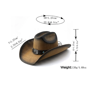Two-tone straw cowboy hat with turquoise bull buckle and detailed size dimensions