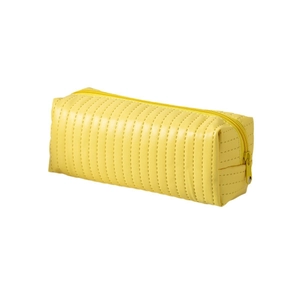 Large capacity minimalist yellow pencil case with vertical pleated texture on white background
