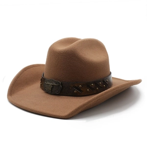 Brown wide-brim cowboy hat with vintage bull skull leather band decoration