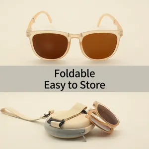 Foldable UV protection sunglasses with a portable beige round storage case and tan lenses