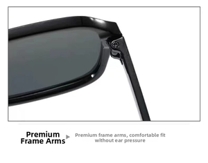 Close-up of polished black resin sunglasses hinge showing durable metal screw joint