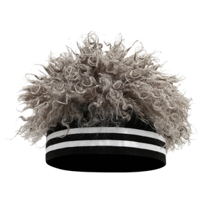 Funny knitted beanie with grey afro wig hair for party costume and cosplay events