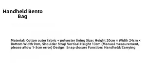 Detailed size chart for cotton mini handbag showing 20x24x9cm dimensions and strap height