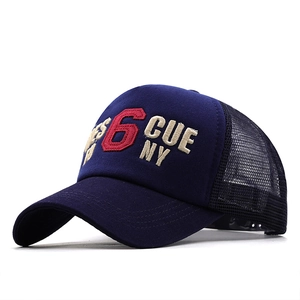 Detail of navy mesh baseball cap with 6 CUE NY 3D embroidery and breathable rear mesh