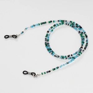 Detail of colorful beaded eyewear chain with silver lobster clasps and non-slip rubber loops