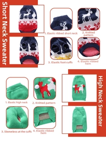 Detail of Christmas dog sweaters with reindeer patterns and elastic ribbed knit texture