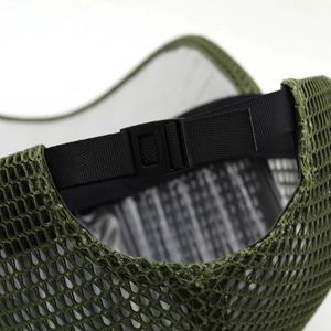 Close-up of army green mesh baseball cap with adjustable plastic buckle closure