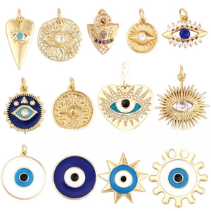 Detailed set of 13 gold-plated Evil Eye jewelry charms with blue and white enamel work
