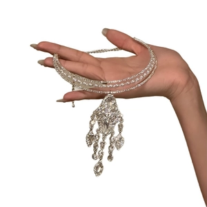 Elegant silver layered pearl choker necklace with sparkling rhinestone fringe tassels