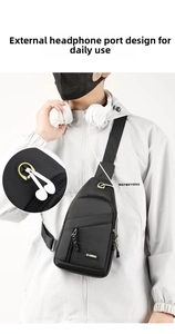 Detail shot of the functional external headphone port on waterproof oxford chest bag