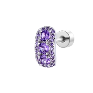 Silver curved ear stud with oval purple crystals and a flat back for cartilage piercings