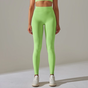 Détail du legging de yoga sans couture taille haute vert néon avec texture en maille
