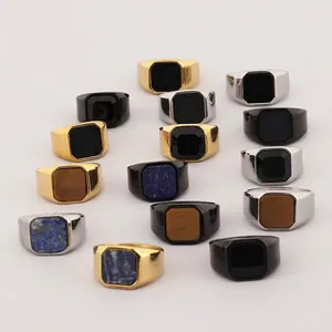 Durable Signet Ring Men Stainless Steel Square Stone Lapis Lazuli Tiger Eye Agate Retro Punk Street Jewelry