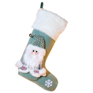 Blue Christmas stocking with Santa Claus plush and sequins for holiday tree decoration