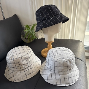 Grid Pattern Bucket Hat Linen Blend Foldable Wide Brim Sunshade Summer Outdoor Casual Men Women Vintage