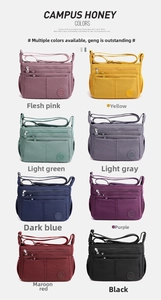 Detalle que muestra los ocho colores disponibles del bolso bandolera de nailon multibolsillos