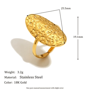 Hammered texture 18K gold plated stainless steel oval open ring for women