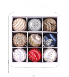Detail view of 9-piece assorted Christmas balls with glitter and spiral textures
