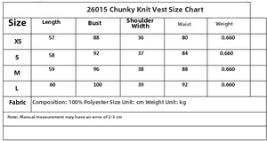 Detailed size chart for textured vest showing length, bust, and waist measurements