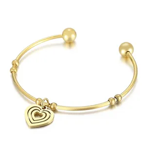 Triple Layer Heart Pendant Cuff Bracelet Stainless Steel Open Bangle Minimalist Chic Jewelry For Women Girls