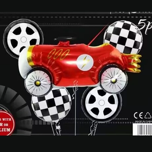 Racing car theme balloon set with red race car and checkered round balloons for party