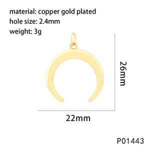 Macro view of gold-plated crescent moon pendant with 2.4mm hole and 22x26mm dimensions