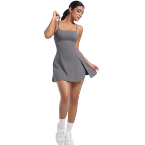 Detail shot of a dark grey athletic tennis dress with side slits and square neckline