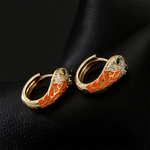 Gold-plated snake head hoop earrings with orange enamel and sparkling zircons