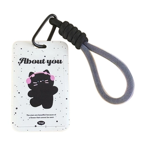 Cute white cartoon cat card holder with woven lanyard and metal carabiner clip