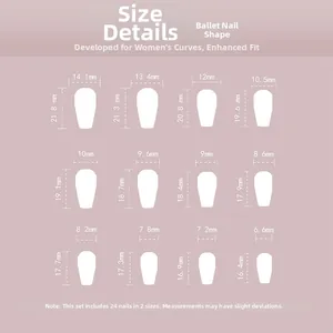 Size chart for ballerina press-on nails showing 24 pieces in 12 different dimensions