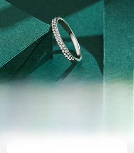 Macro shot of 5A grade cubic zirconia stones manually set in a double row silver ring