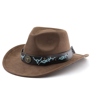 Dark brown faux suede western cowboy hat with embroidered leather band and bull head buckle