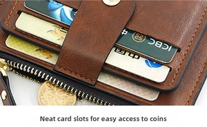 Close-up of brown leather card wallet with zip pocket and organized multi-card slots