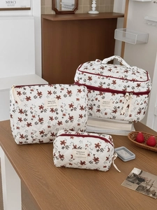 Corduroy Floral Quilted Cosmetic Bag Large Capacity Travel Makeup Organizer Pouch Toiletries Wash Storage Bag For Women