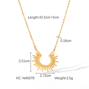 Detailed dimension chart for 18K gold stainless steel sunburst pendant necklace with measurements